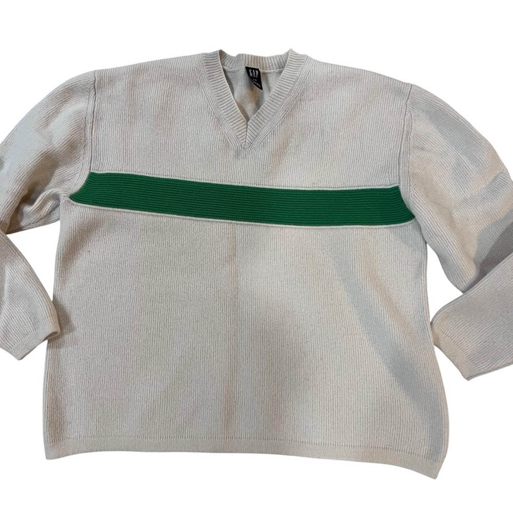 GAP V-Neck Cream Sweater with Green Stripe
